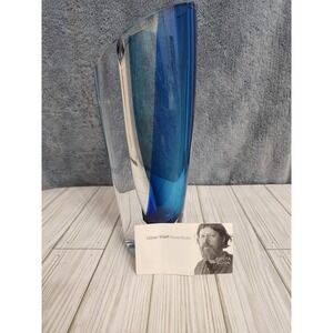 Kosta Boda Goran Warff Signed Clear & Blue 10.5" tall Art Deco Glass Vase 49809